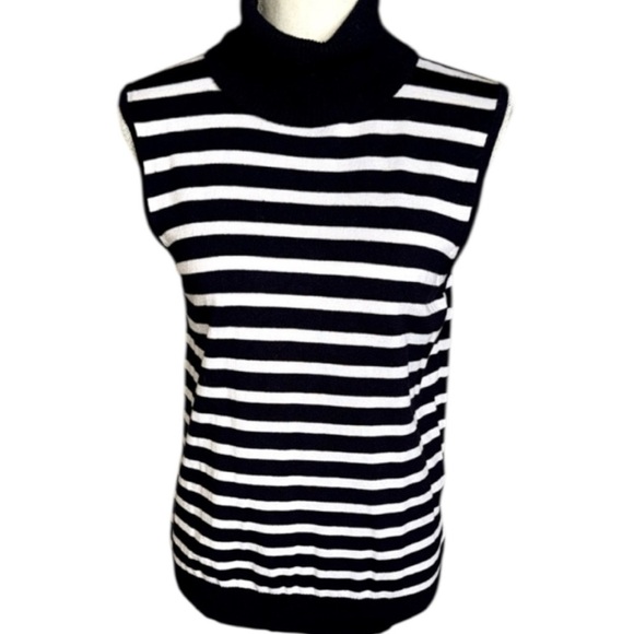 Cable & Gauge Navy White Nautical Stripe Sleeveless Turtleneck Sweater Knit Sz L - Picture 2 of 15